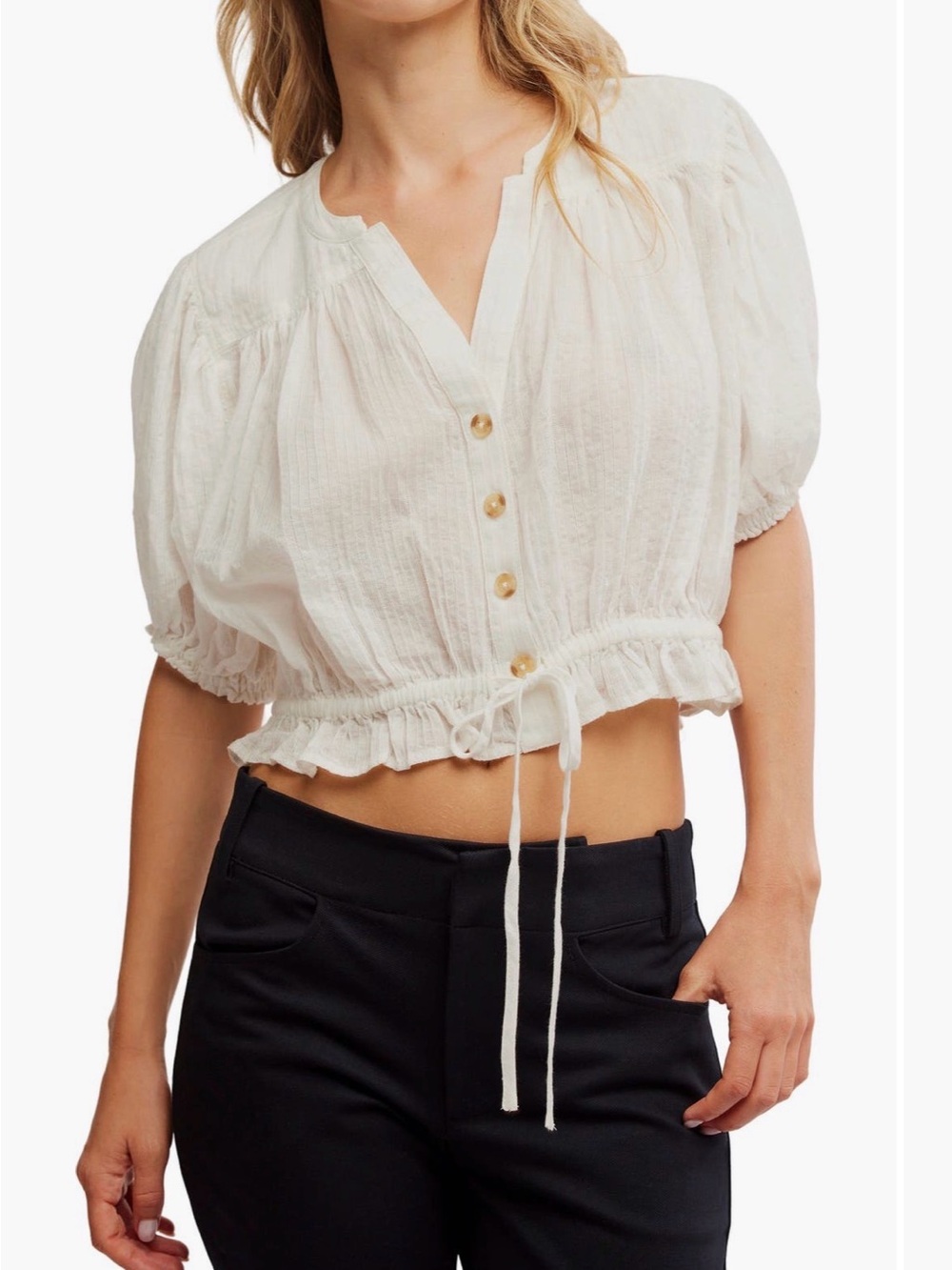 Free People Little Cloud White Cropped Button-Front Boho Top EUC
